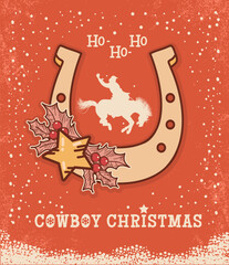 Cowboy Christmas vintage vector red illustration. Featuring beautifully designed horseshoe filled with cowboy riding wild horse and holly berry decor on old paper snowflakes background with howdy Chri