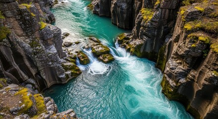 Breathtaking aerial view of a turquoise river cascading through a rugged, moss-covered canyon. Towering rock walls flank the lush, vibrant landscape, creating an awe-inspiring natural scene.
