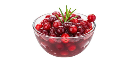 A clear bowl filled with cranberries and garnished with green herbs on transparent background