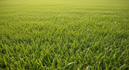 Obraz premium A lush, verdant grass field stretches across the frame, creating a serene and tranquil scene. The vibrant, healthy blades of grass convey a sense of natural beauty and freshness.