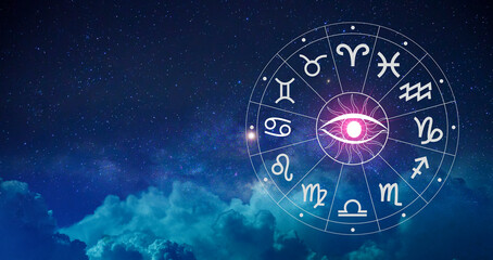 Zodiac signs, astrology and horoscopes concepts. Zodiac signs inside of horoscope circle. Astrology in the sky with many stars and moons astrology and horoscopes concept