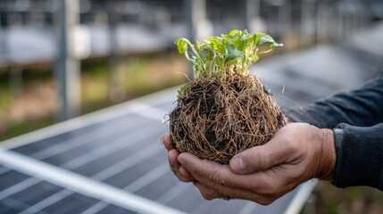 Hands holding seedling with roots in front of solar panels