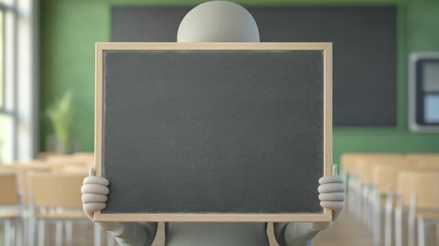 A humanoid figure holding a blank chalkboard in a classroom setting with empty chairs and green walls