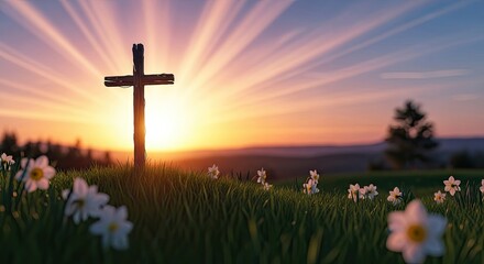 A wooden cross stands in a field of white flowers, with a sunset in the background.