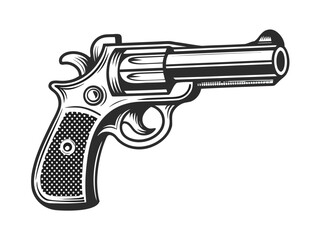 Old metal revolver pistol with bullets on a white background, an isolated firearm weapon object used by police or military