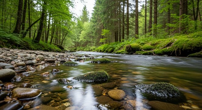 A serene forest stream with mossy rocks and lush greenery, flowing through a dense forest with tall trees and green foliage. - Powered by Adobe