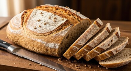 A loaf of sliced bread with a pattern on top, placed on a wooden cutting board with a knife.