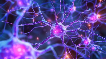 Epilepsy Awareness Month. Photorealistic scientific illustration of neurons and synapses with electrical impulses, microscopic view of brain cells during seizure activity, purple glowing connections