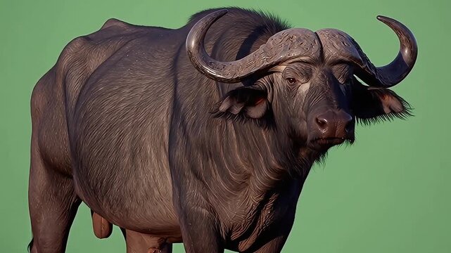 A close-up shot of a majestic African buffalo, with its massive horns and powerful presence. The animal stands out against a green background, emphasizing its raw strength and natural beauty