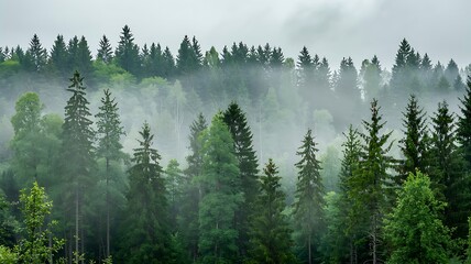 Misty evergreen forest with tall pine trees shrouded in fog on a cloudy overcast day in the mountains