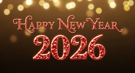 Sparkling Happy New Year 2026 celebration with festive golden bokeh lights