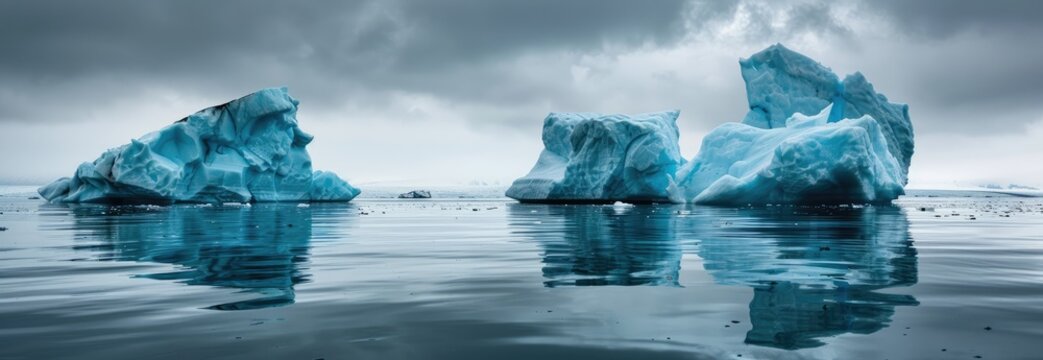 Icebergs float in glacial lagoon, dark sky, possible climate change backdrop