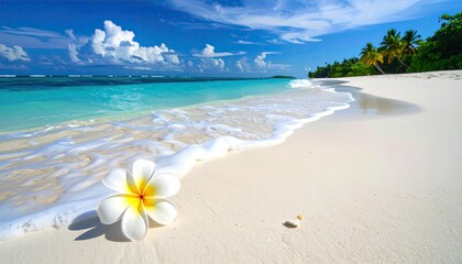 Idyllic tropical beach scene with white sand, turquoise water, and a single frangipani flower resting gently on the shore, under a vibrant blue sky dotted with fluffy clouds