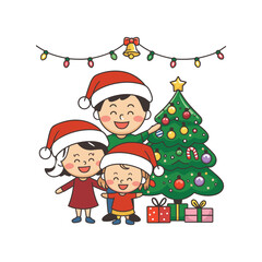 Happy family celebrating Christmas with decorated tree and gifts vector illustration