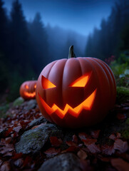 Halloween Glowing jack o lanterns on forest path surrounded by autumn leaves and misty trees, creating spooky atmosphere