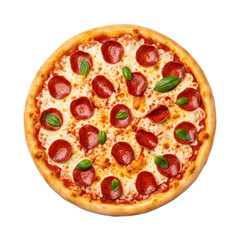 Irresistible pepperoni pizza with fresh basil and melted cheese, a delicious gourmet meal for any occasion, PNG cutout, transparent background, isolate