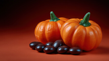 Mini pumpkins and chocolate candies on red background, evoking festive Halloween atmosphere