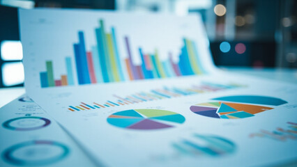Data Insights: A close-up shot of several data charts and graphs illustrates information, research, and analytics. Colorful charts showcase a wealth of information.