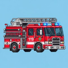 赤い消防車 青い空の背景に描かれたピクセルアート