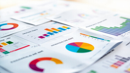Data-Driven Insights: A close-up showcases a collection of colorful charts and graphs illustrating data analysis and business trends. Perfect for illustrating concepts of analytics and strategy.