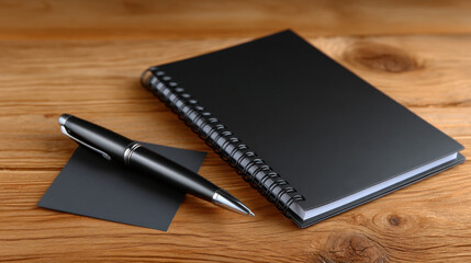 Black spiral notebook with sleek pen and small black card on wooden desk, evoking professional and minimalist vibe