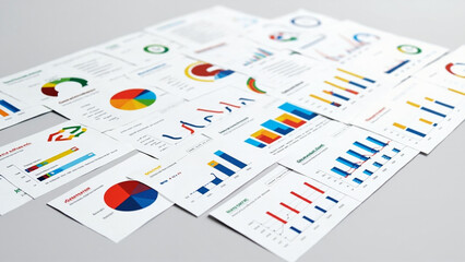 Data Visualization: An assortment of colorful charts and graphs, representing diverse data sets, lays out across a neutral backdrop, highlighting business analytics, market research.