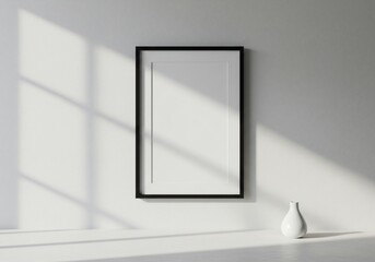Modern Black Frame Mockup with White Mat, Dynamic Sunlight Shadows, and Elegant Vase