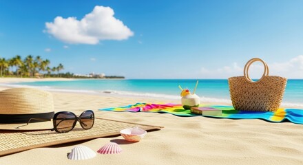 A straw hat, sunglasses, and beach towel on a sandy beach with a colorful towel and a coconut drink.