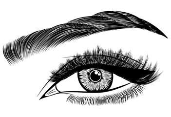 Illustration with woman's eye, eyelashes and eyebrow. Makeup Look. Tattoo design. Logo for brow bar or lash salon.