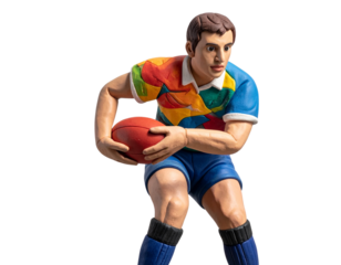 Figurine en pâte à modeler d’un rugbyman concentré prêt à tirer une transformation, isolée sur fond transparent