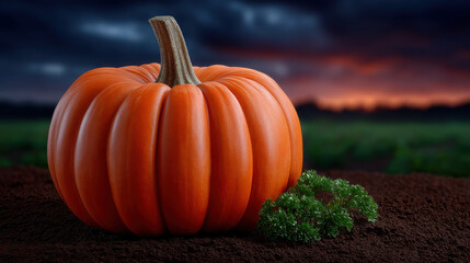Orange pumpkin rests on rich soil with sprig of parsley, set against dramatic sunset sky over field