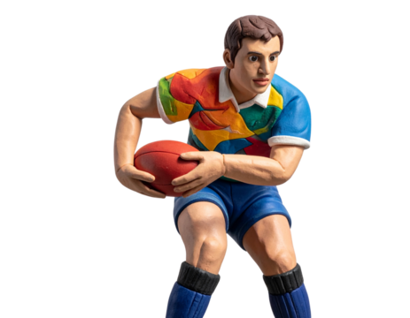 Figurine en pâte à modeler d’un rugbyman concentré prêt à tirer une transformation, isolée sur fond transparent