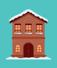 Cozy winter house building vector illustration snow covered roof with icicles for christmas
