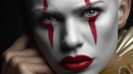 Close up of person with white face paint, red makeup details resembling clown, and bold red lips, evoking spooky and intense
