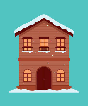 Cozy winter house building vector illustration snow covered roof with icicles for christmas