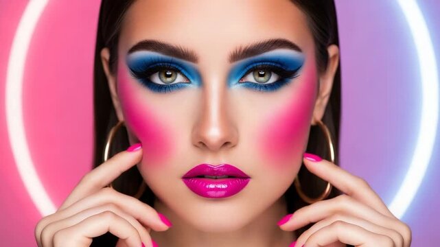 Female model showcases bold 80s makeup and hoop earrings in vibrant colors with visible hands in a medium close-up shot