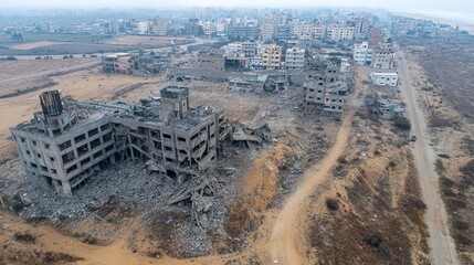 Aerial view of destroyed buildings captured by a drone, showing structures completely demolished by explosions, with a realistic and cinematic feel.