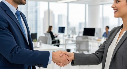 Two business professionals shaking hands in an office setting.