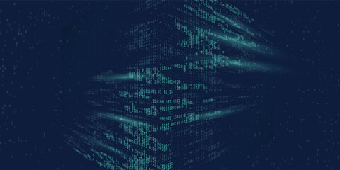 Abstract background algorithm binary programming code on virtual cube. Concept digital data technology. Vector illustration.