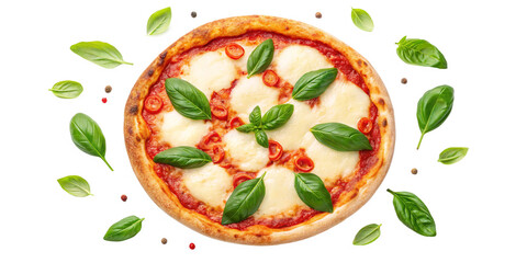 Freshly Baked Margherita Pizza with Mozzarella, Tomato Sauce, and Basil on Transparent Background
Top View of Classic Italian Pizza with Golden Crust and Fresh Green Basil Leaves