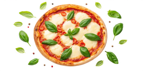 Freshly Baked Margherita Pizza with Mozzarella, Tomato Sauce, and Basil on Transparent Background
Top View of Classic Italian Pizza with Golden Crust and Fresh Green Basil Leaves