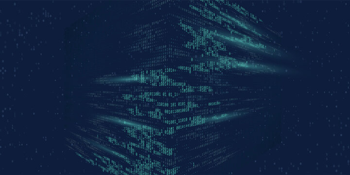 Abstract background algorithm binary programming code on virtual cube. Concept digital data technology. Vector illustration.