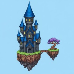 青い屋根を持つ灰色の城が空中に浮かぶ