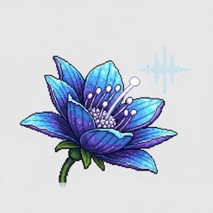 青と紫のピクセルアートの花が白い背景に咲く