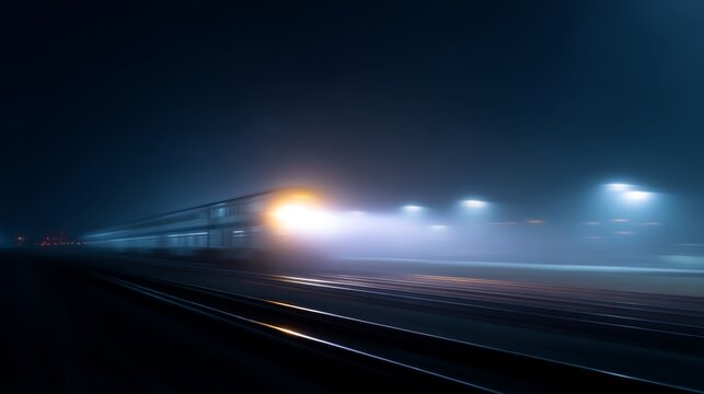 A mysterious train station at night shrouded in fog. Dim lights create an atmospheric feel. Perfect for themes of solitude or travel. Captures the essence of adventure. AI