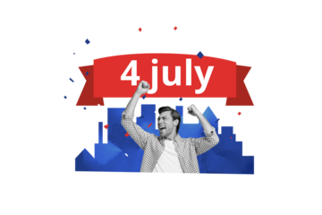 Composite collage image of winning man celebrate national independence america day fourth july concept bizarre unusual fantasy billboard