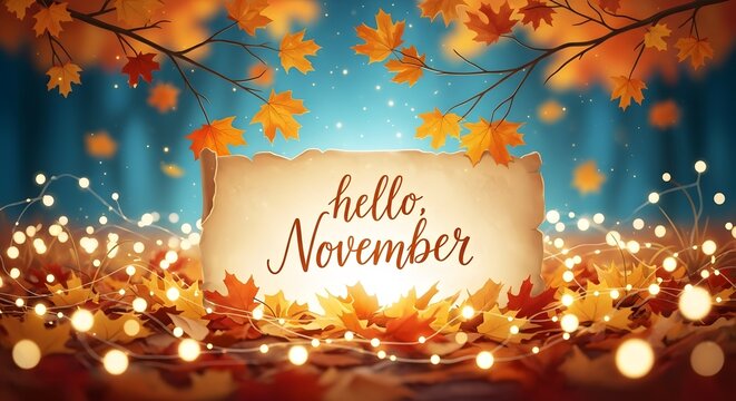 Hello november text on a parchment scroll surrounded by autumn leaves and glowing fairy lights, celebrating the arrival of fall season