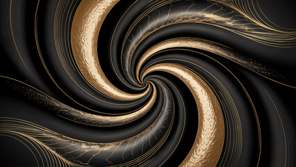 Abstract swirling vortex of metallic gold and dark charcoal textures creating a mesmerizing hypnotic spiral effect with a sense of depth and movement