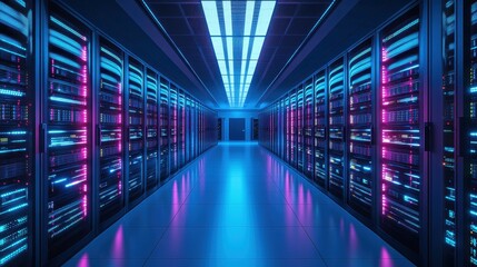 A long hallway with rows of servers