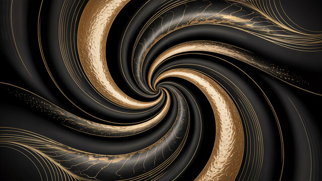 Abstract swirling vortex of metallic gold and dark charcoal textures creating a mesmerizing hypnotic spiral effect with a sense of depth and movement